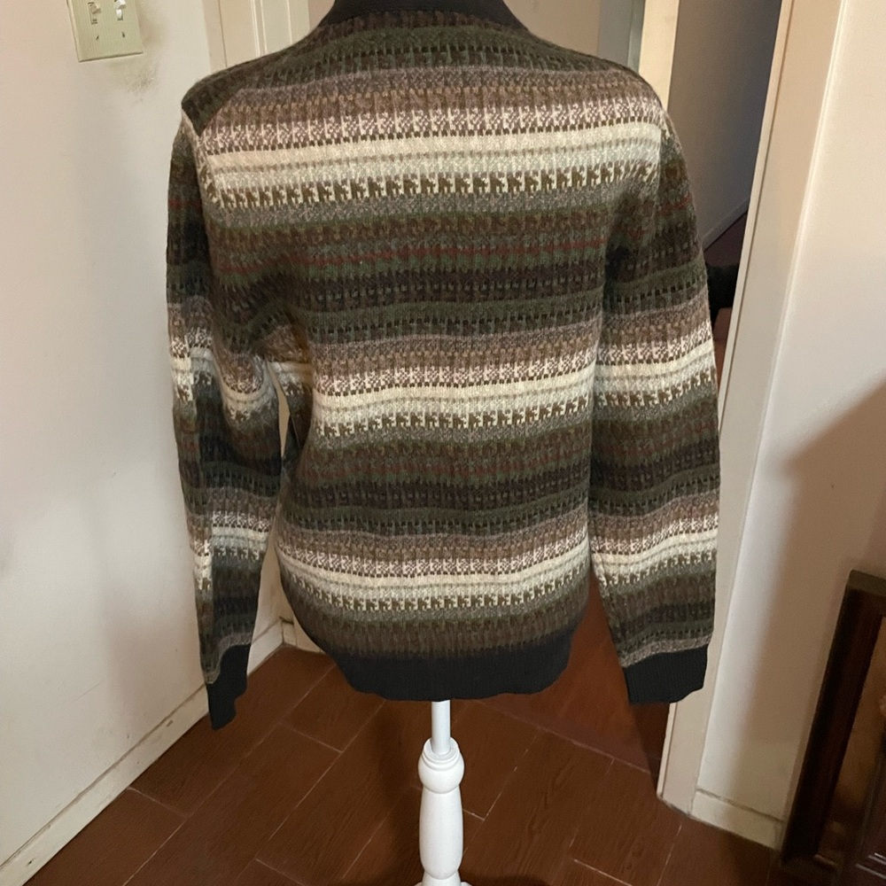 Mens Unisex J Crew Wool Fair Isle Cardigan Sweater Small brown V neck stripe tan - Picture 11 of 16